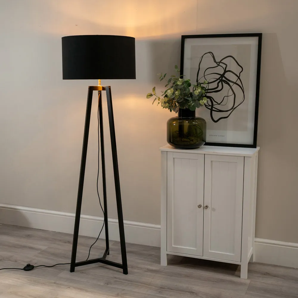 Lottie Tripod Floor Lamp with Black and Gold Drum Shade - Black, Wood