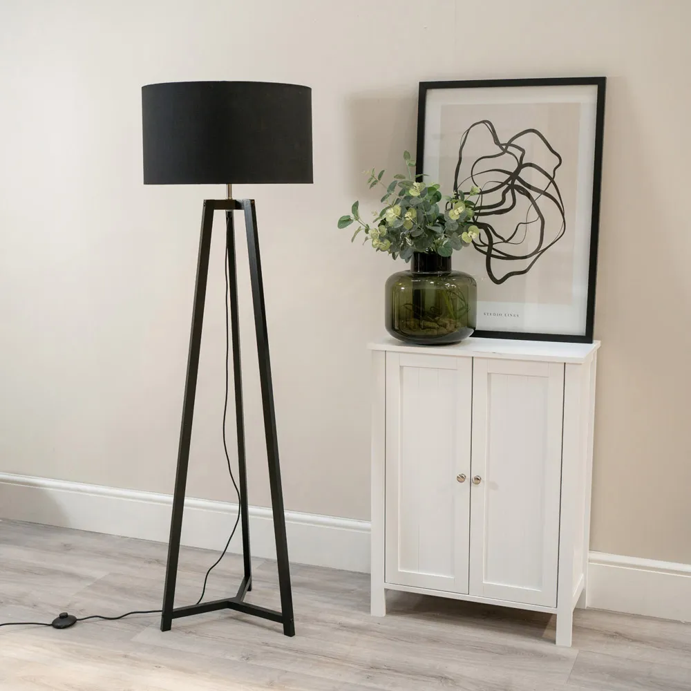 Lottie Tripod Floor Lamp with Black and Gold Drum Shade - Black, Wood
