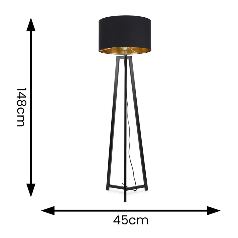 Lottie Tripod Floor Lamp with Black and Gold Drum Shade - Black, Wood
