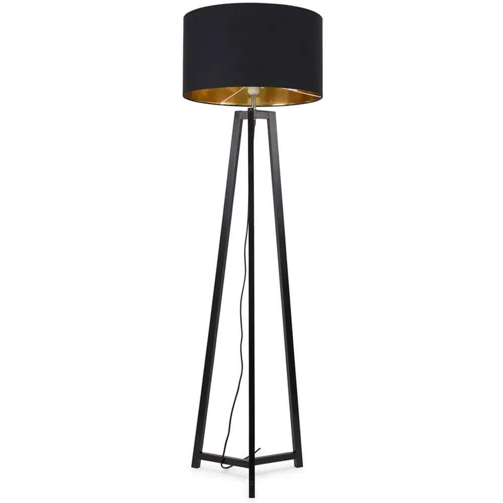 Lottie Tripod Floor Lamp with Black and Gold Drum Shade - Black, Wood