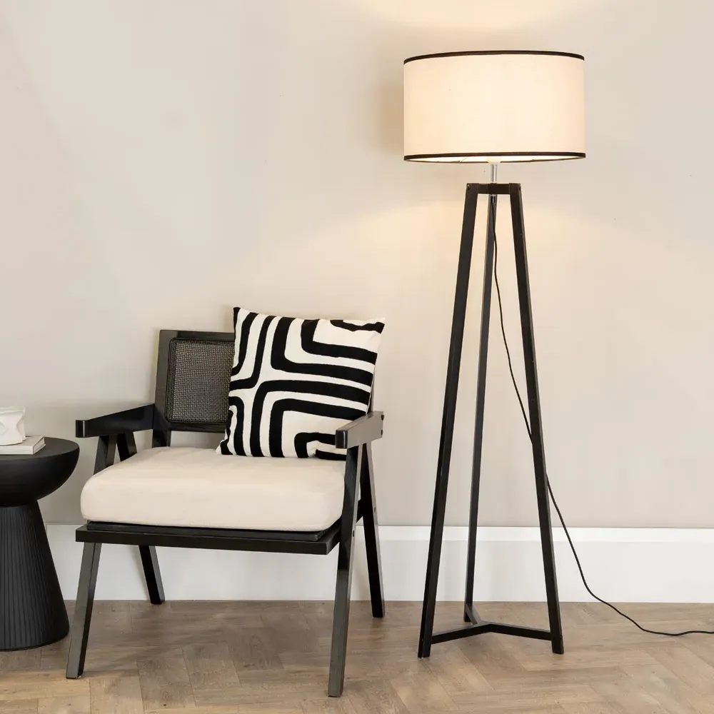 Lottie Tripod Floor Lamp with Black Edge Drum Shade - Black, Wood