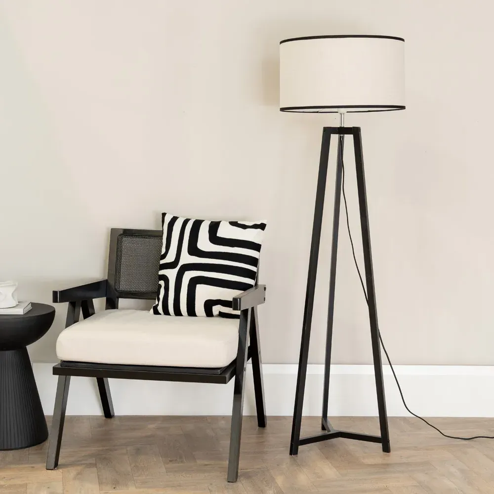 Lottie Tripod Floor Lamp with Black Edge Drum Shade - Black, Wood