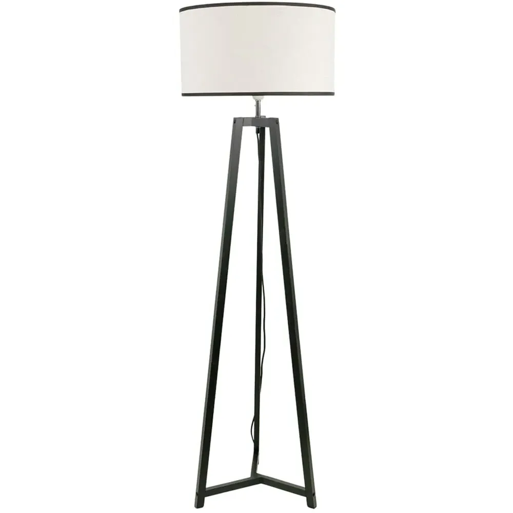 Lottie Tripod Floor Lamp with Black Edge Drum Shade - Black, Wood