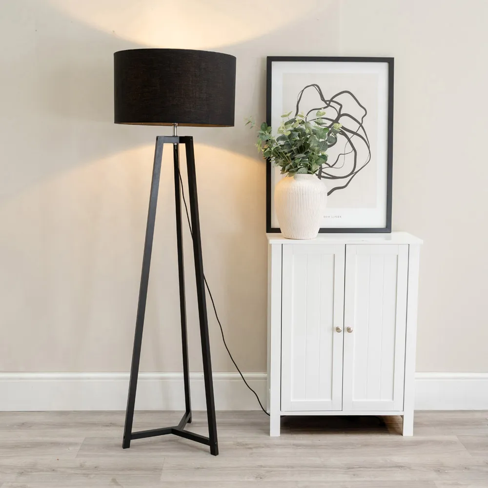 Lottie Tripod Floor Lamp with Black Fabric Drum Shade - Black, Wood