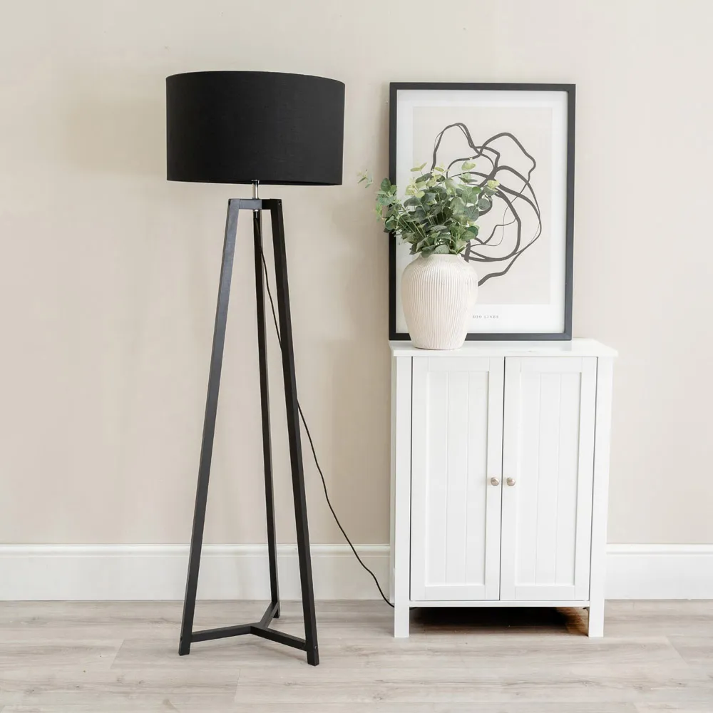 Lottie Tripod Floor Lamp with Black Fabric Drum Shade - Black, Wood