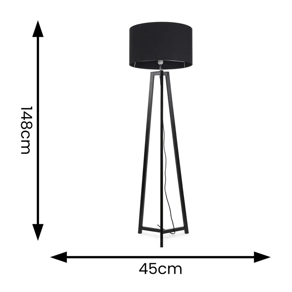 Lottie Tripod Floor Lamp with Black Fabric Drum Shade - Black, Wood