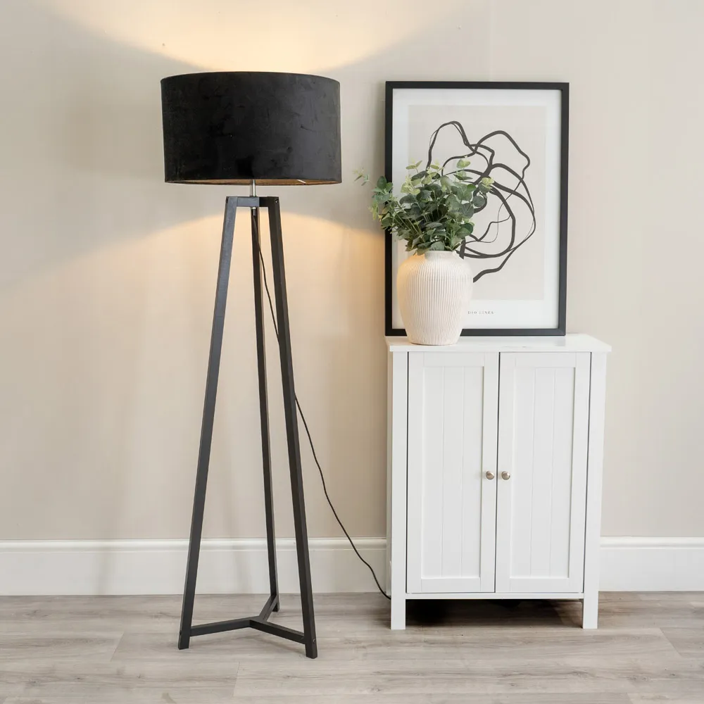 Lottie Tripod Floor Lamp with Black Velvet Drum Shade - Black, Wood