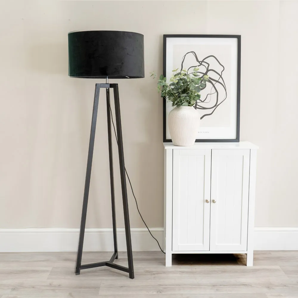 Lottie Tripod Floor Lamp with Black Velvet Drum Shade - Black, Wood