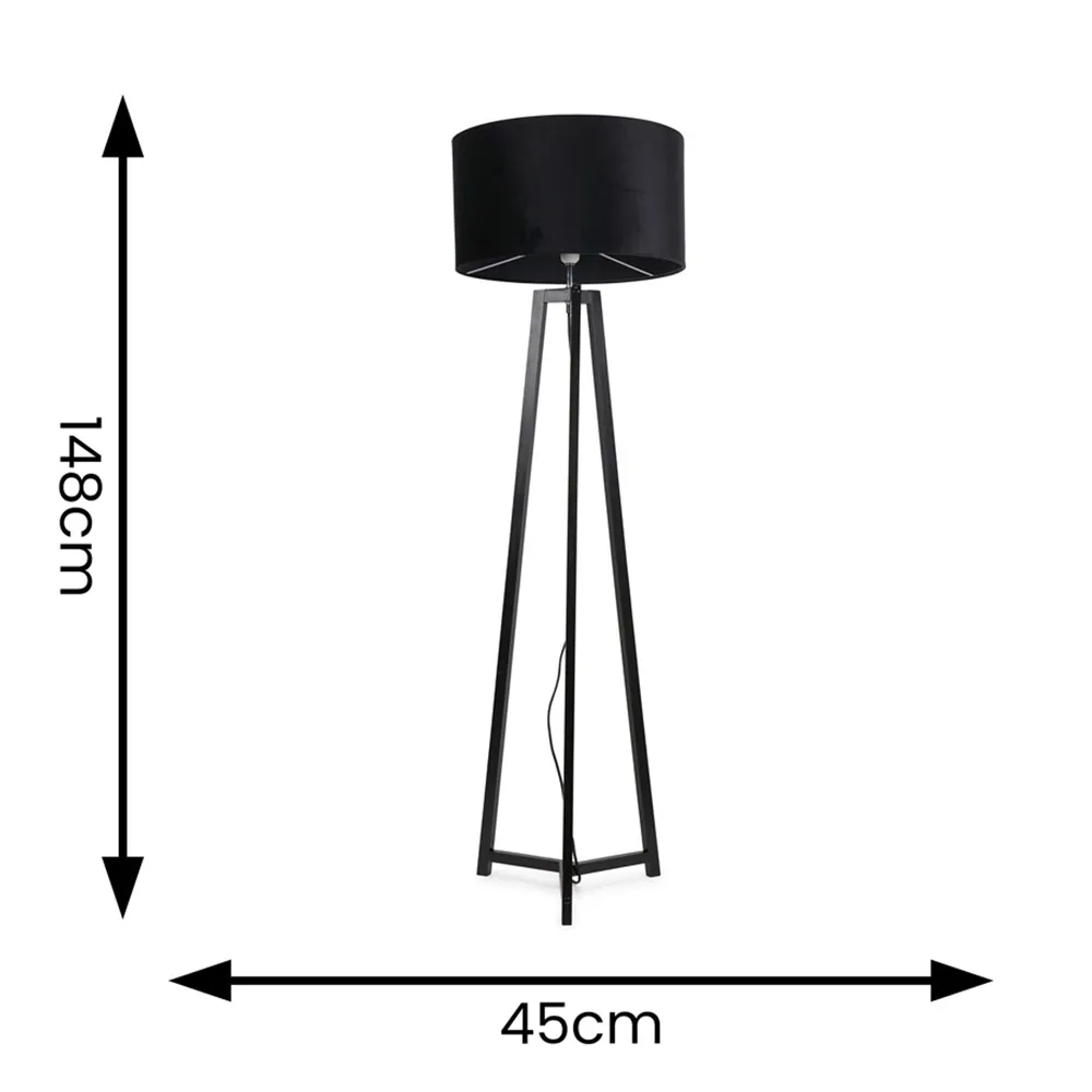 Lottie Tripod Floor Lamp with Black Velvet Drum Shade - Black, Wood