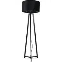 Lottie Tripod Floor Lamp with Black Velvet Drum Shade - Black, Wood