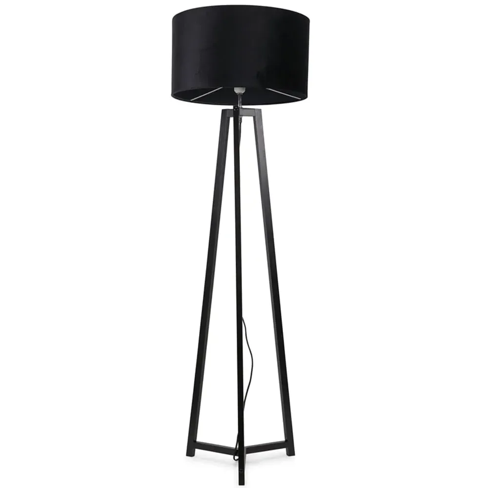 Lottie Tripod Floor Lamp with Black Velvet Drum Shade - Black, Wood
