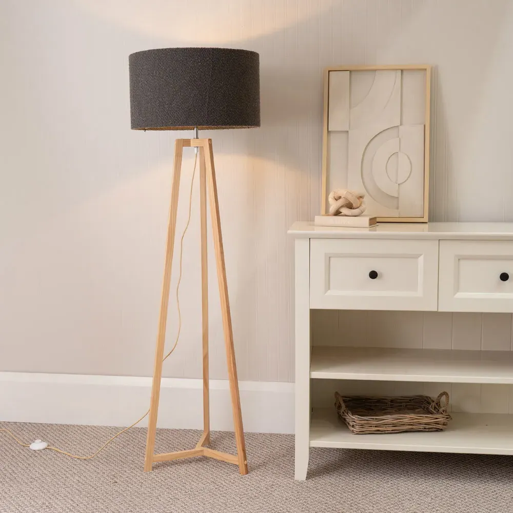 Lottie Tripod Floor Lamp with Boucle Shade - Cream, Wood