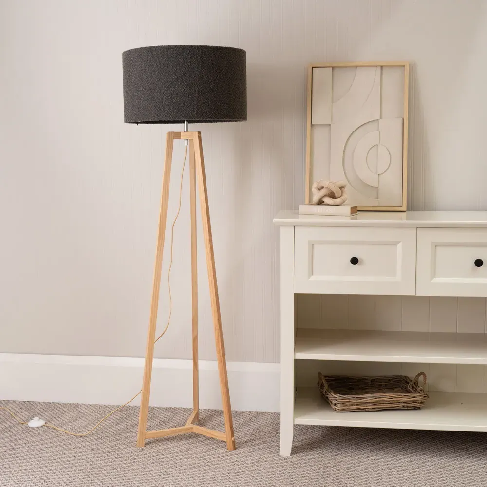 Lottie Tripod Floor Lamp with Boucle Shade - Cream, Wood