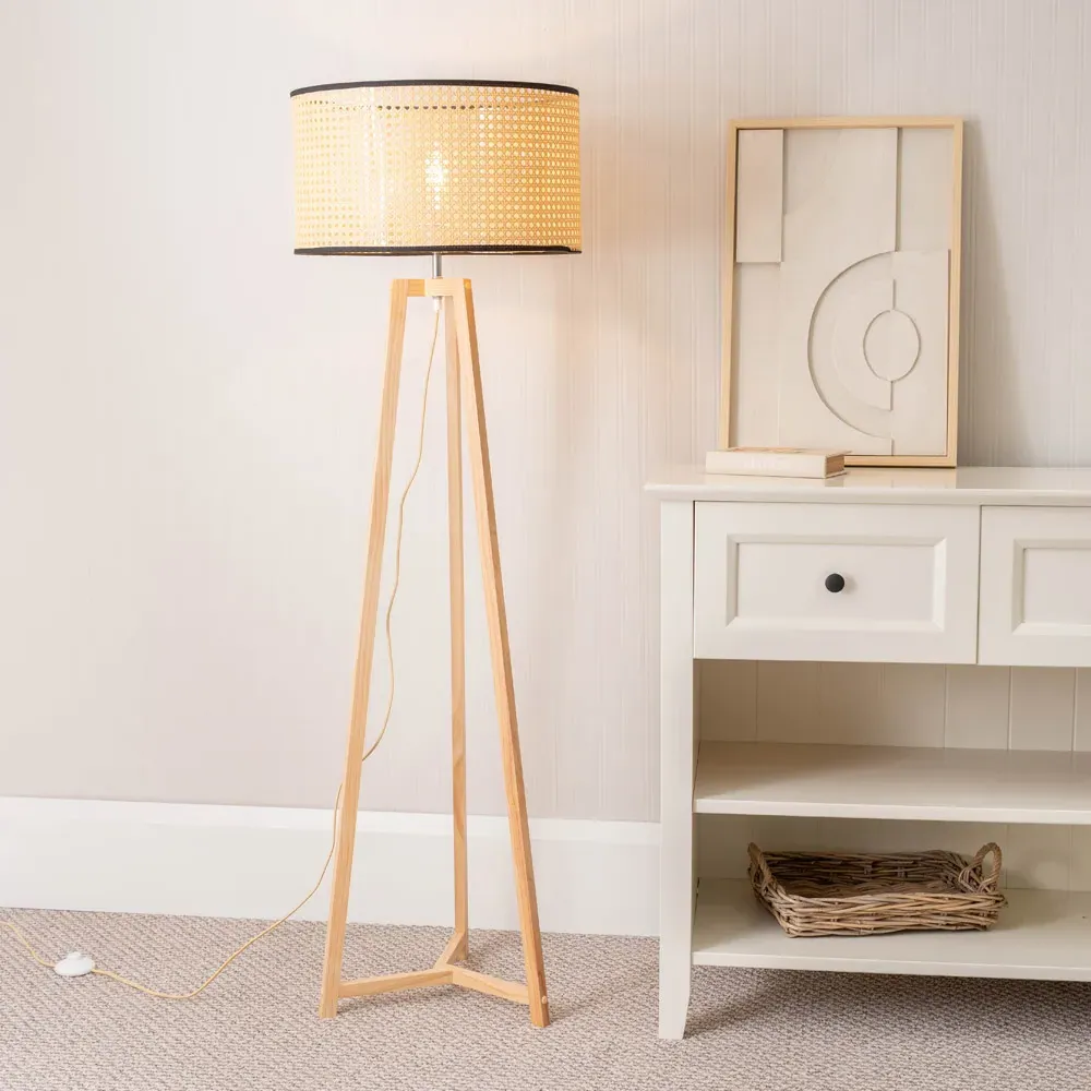 Lottie Tripod Floor Lamp with Cane Shade - Cream, Wood