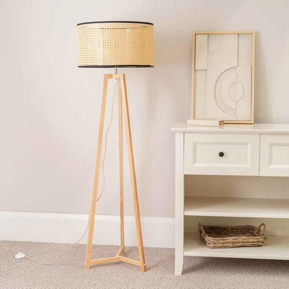 Lottie Tripod Floor Lamp with Cane Shade - Cream, Wood