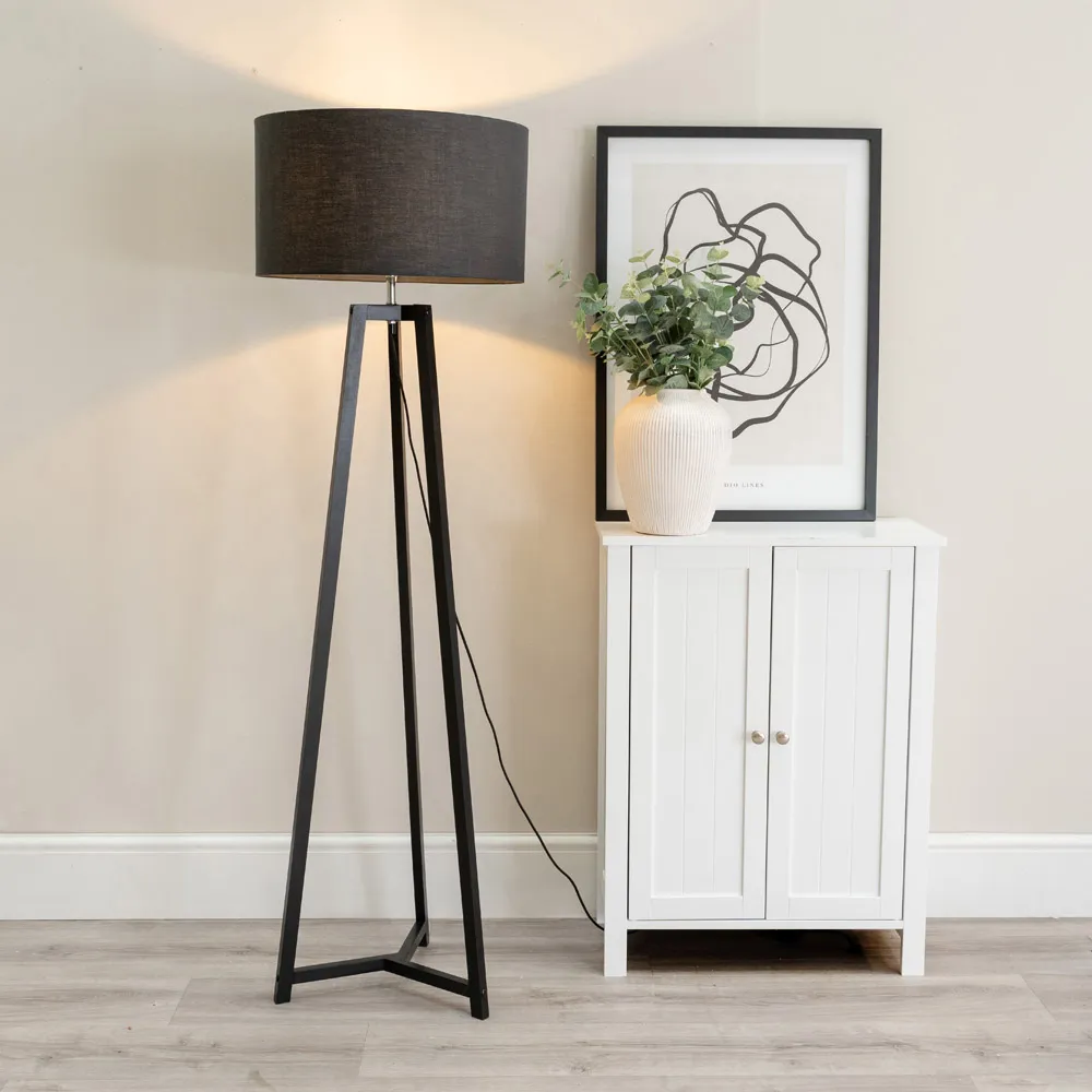 Lottie Tripod Floor Lamp with Charcoal Fabric Drum Shade - Black, Wood