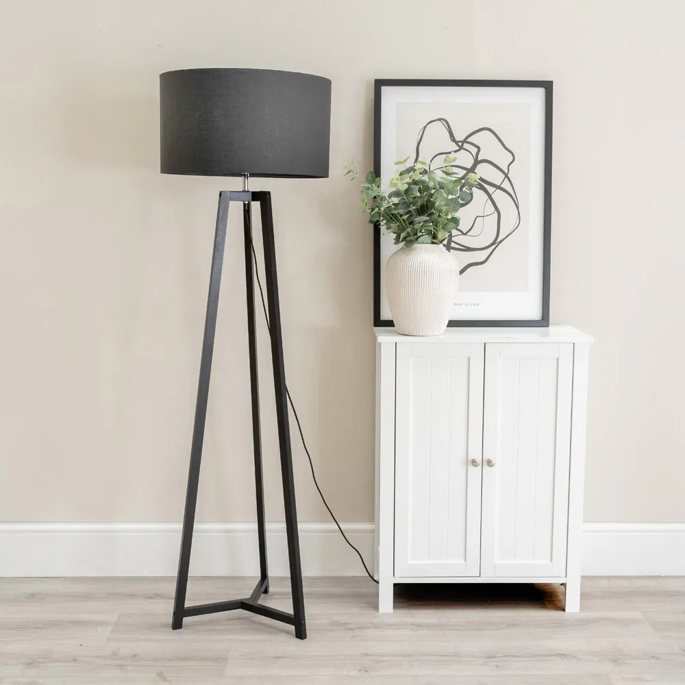 Lottie Tripod Floor Lamp with Charcoal Fabric Drum Shade - Black, Wood