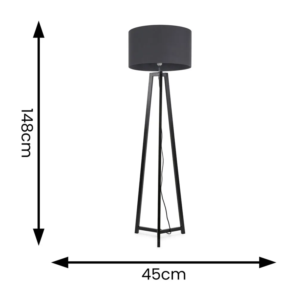 Lottie Tripod Floor Lamp with Charcoal Fabric Drum Shade - Black, Wood