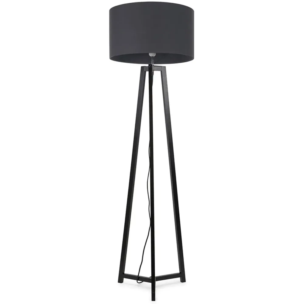 Lottie Tripod Floor Lamp with Charcoal Fabric Drum Shade - Black, Wood