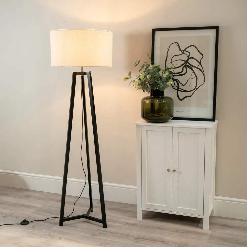 Lottie Tripod Floor Lamp with Cream Boucle Drum Shade - Black, Wood