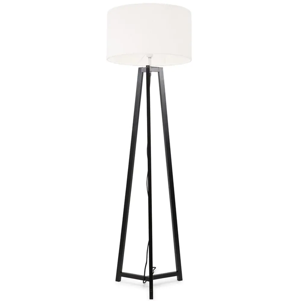 Lottie Tripod Floor Lamp with Cream Boucle Drum Shade - Black, Wood