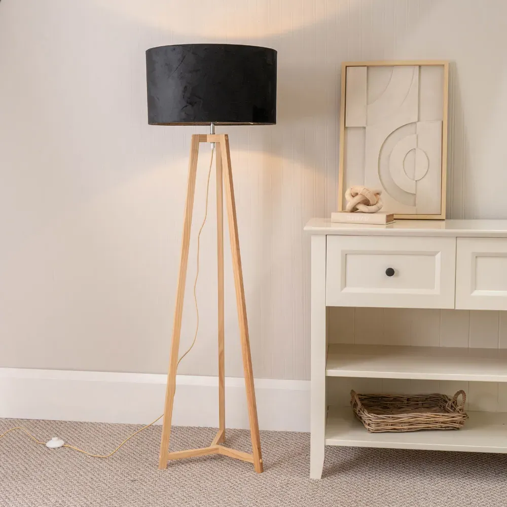 Lottie Tripod Floor Lamp with Drum Shade - Black, Wood