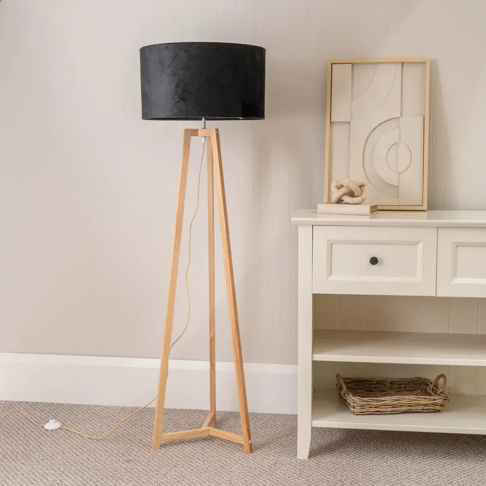 Lottie Tripod Floor Lamp with Drum Shade - Black, Wood