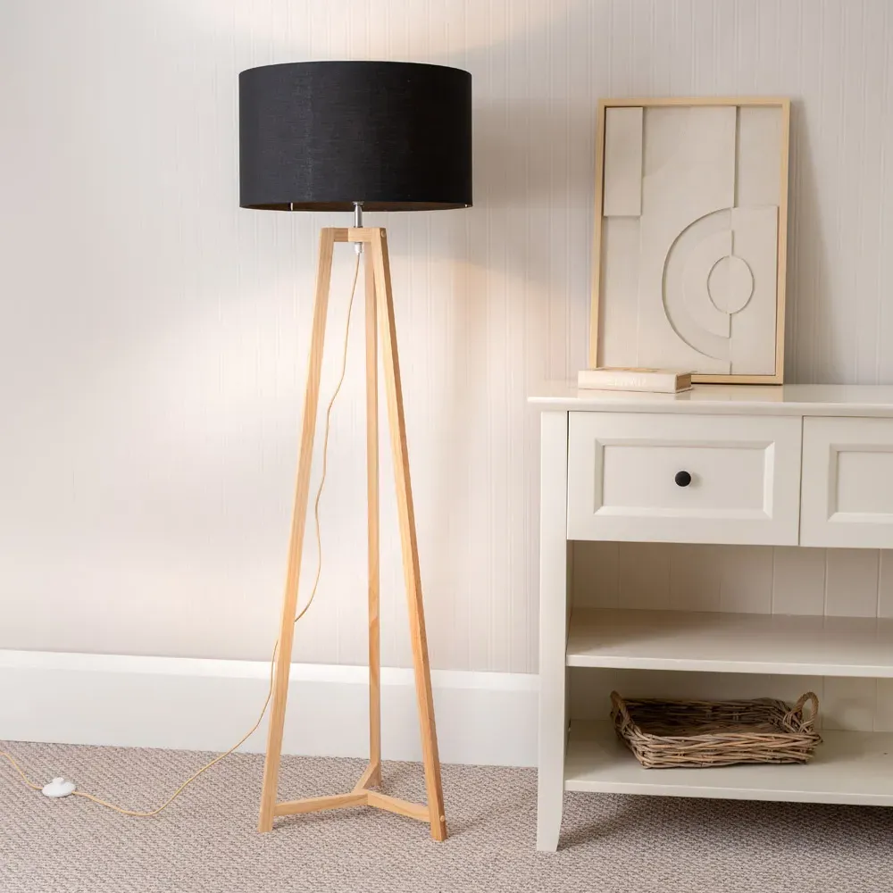 Lottie Tripod Floor Lamp with Drum Shade - Black, Wood