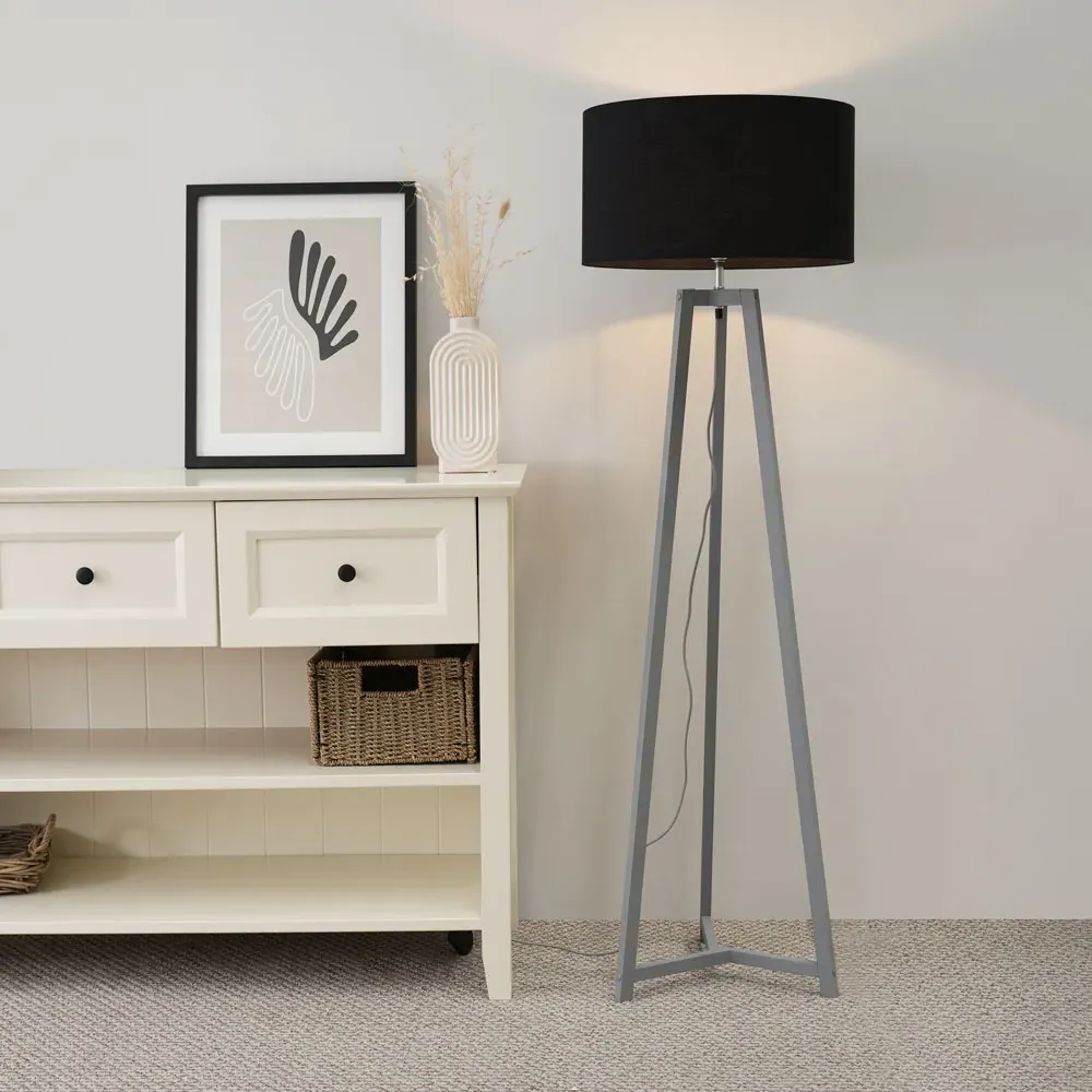 Lottie Tripod Floor Lamp with Drum Shade - Black, Wood