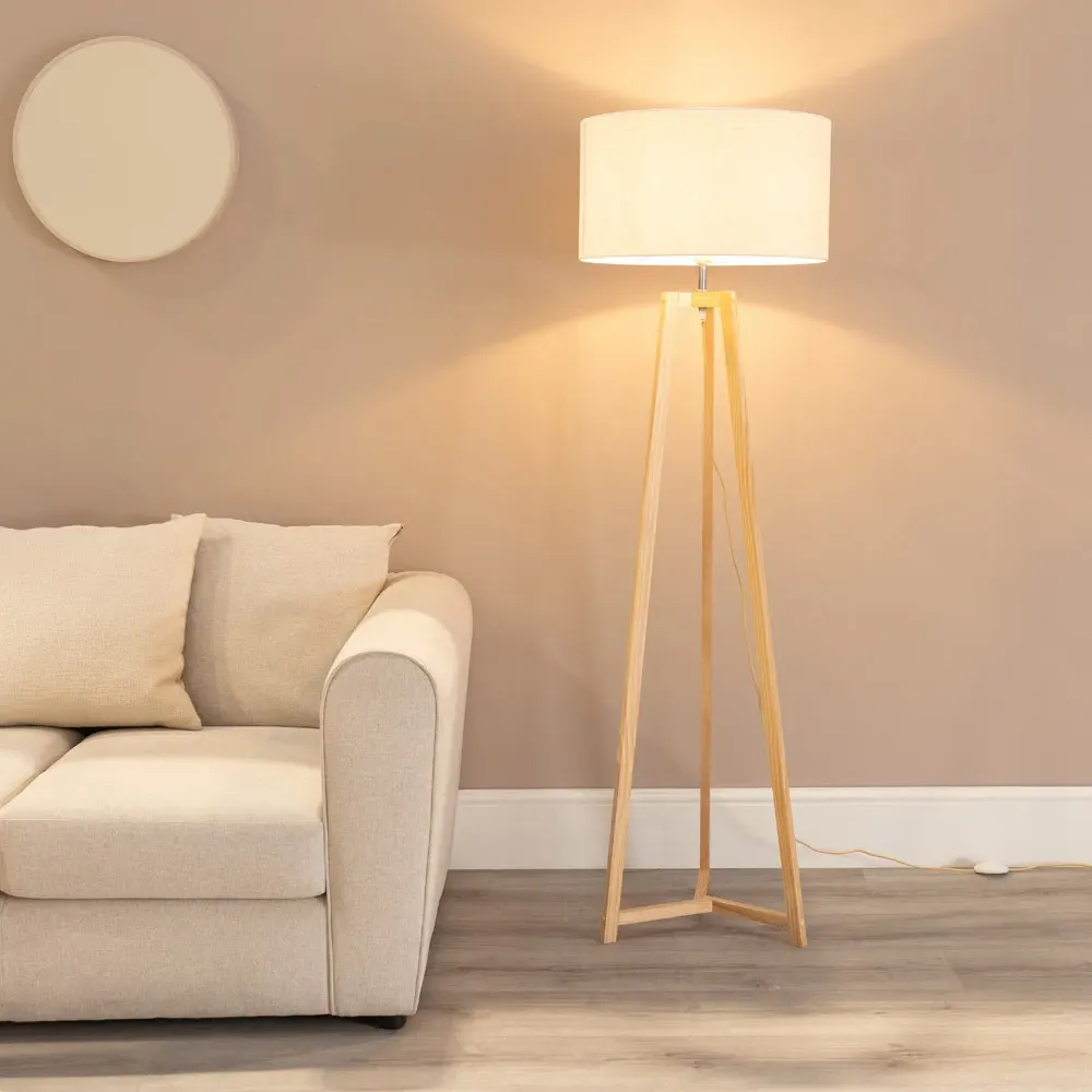 Lottie Tripod Floor Lamp with Drum Shade - Cream, Wood