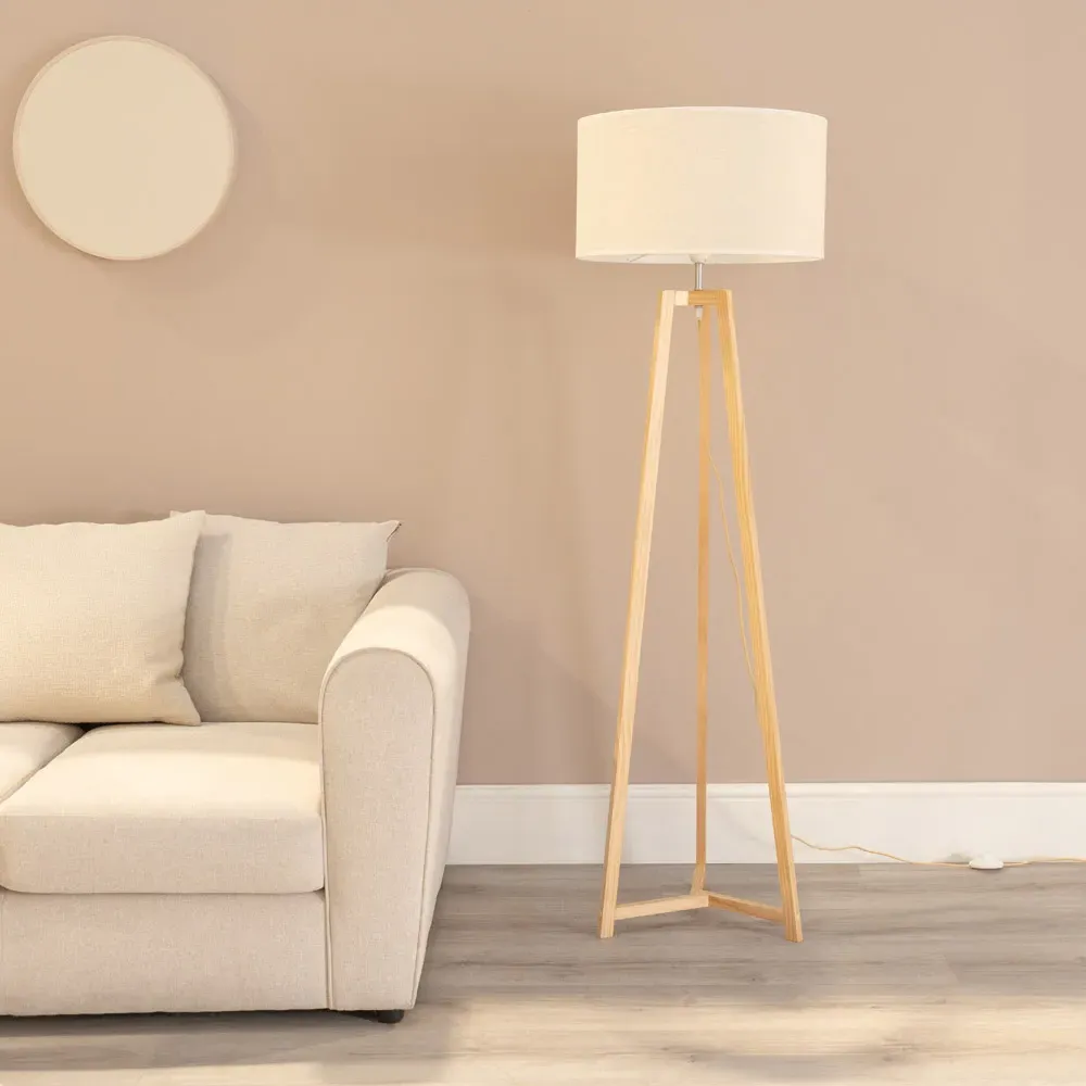 Lottie Tripod Floor Lamp with Drum Shade - Cream, Wood