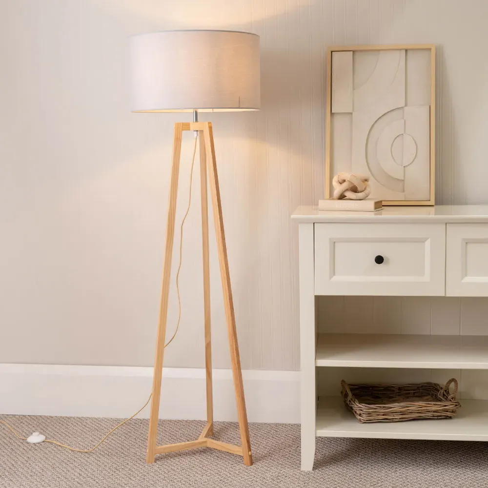 Lottie Tripod Floor Lamp with Drum Shade - Cream, Wood