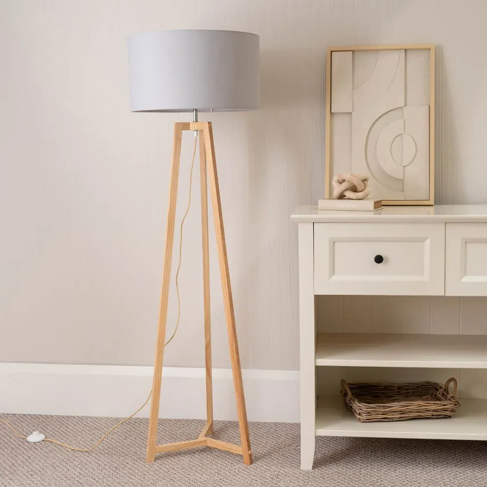 Lottie Tripod Floor Lamp with Drum Shade - Cream, Wood
