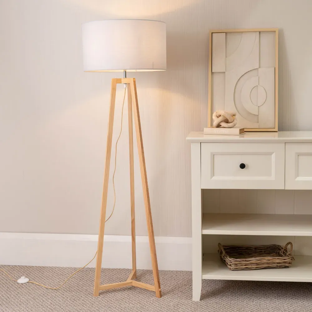 Lottie Tripod Floor Lamp with Drum Shade - Cream, Wood