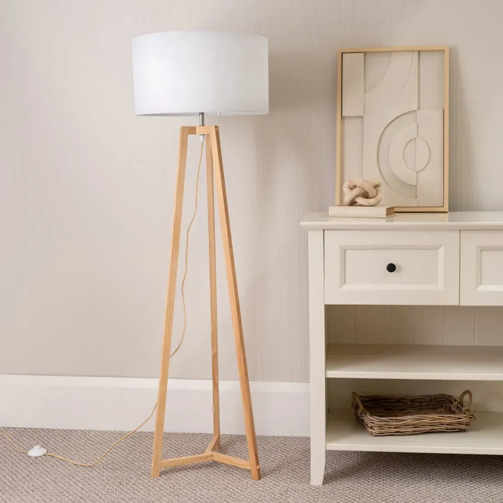 Lottie Tripod Floor Lamp with Drum Shade - Cream, Wood