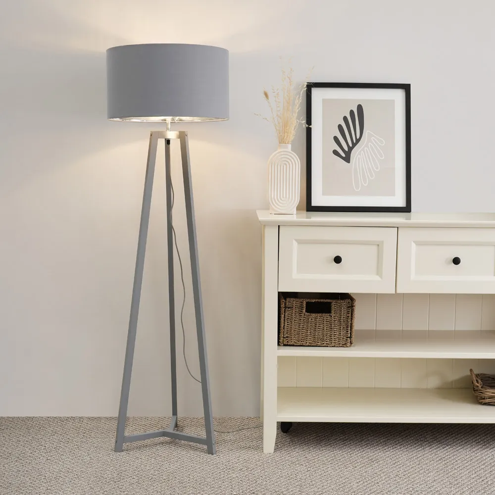 Lottie Tripod Floor Lamp with Drum Shade - Grey, Wood