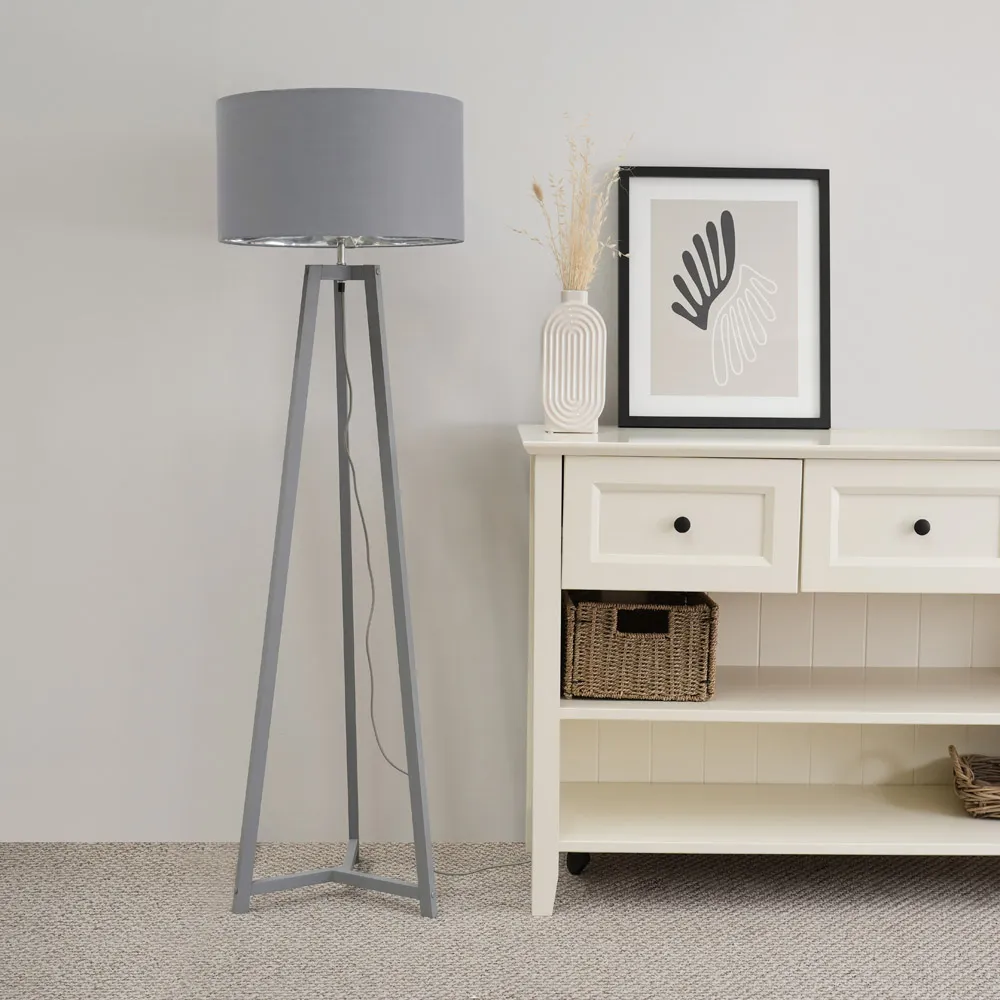 Lottie Tripod Floor Lamp with Drum Shade - Grey, Wood