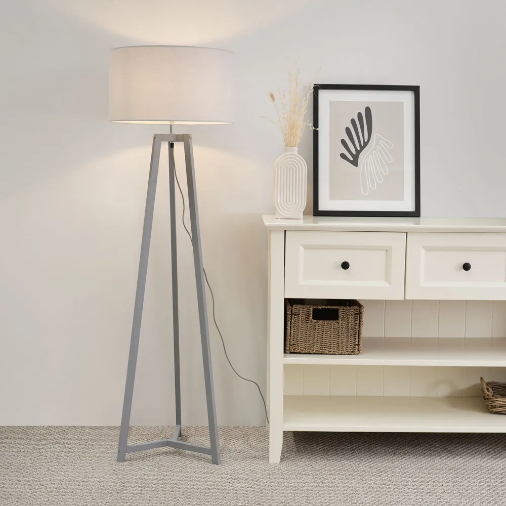 Lottie Tripod Floor Lamp with Drum Shade - Grey, Wood