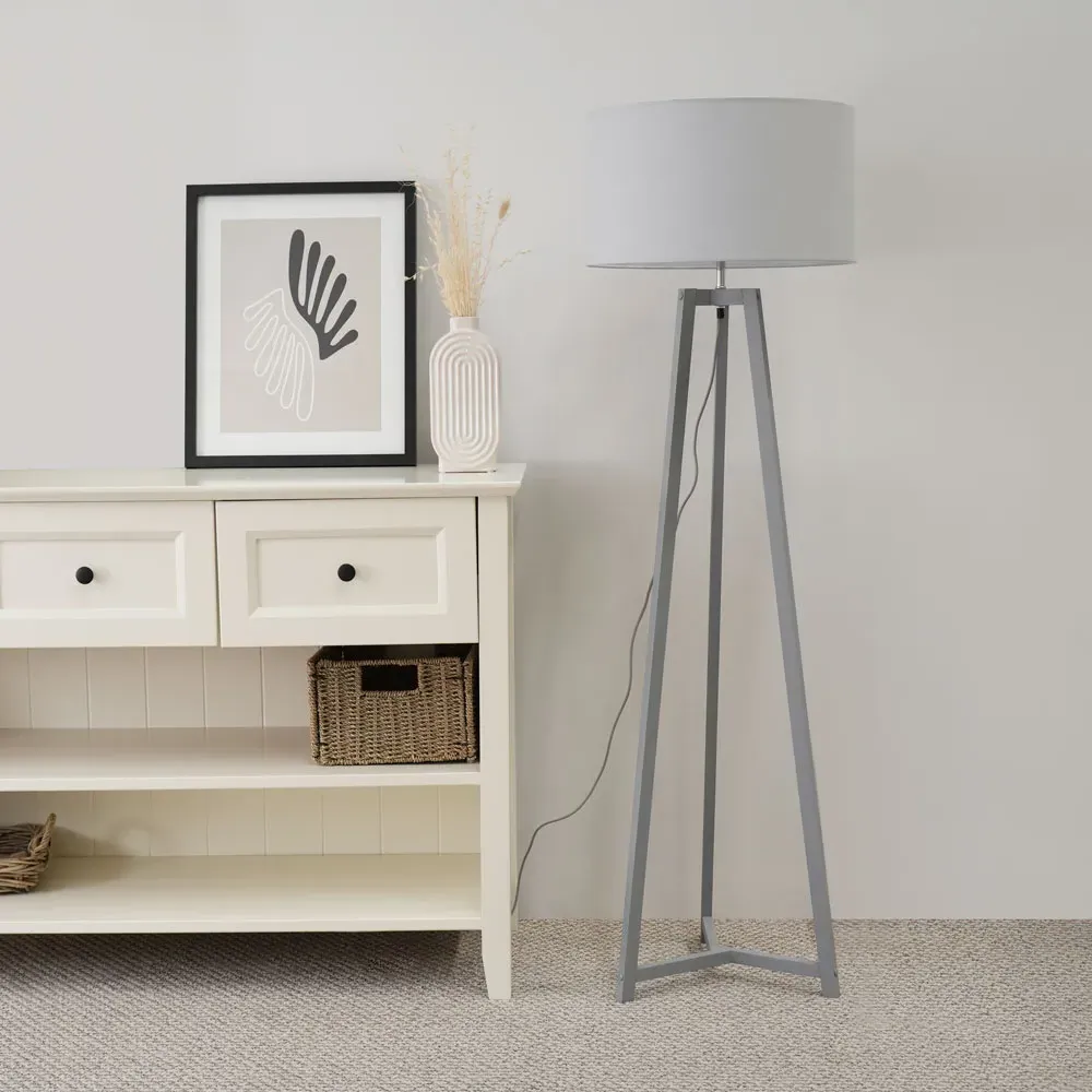 Lottie Tripod Floor Lamp with Drum Shade - Grey, Wood