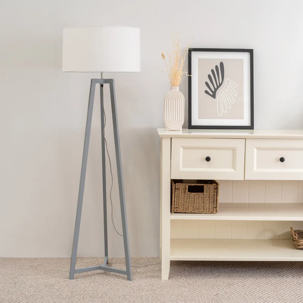 Lottie Tripod Floor Lamp with Drum Shade - Grey, Wood