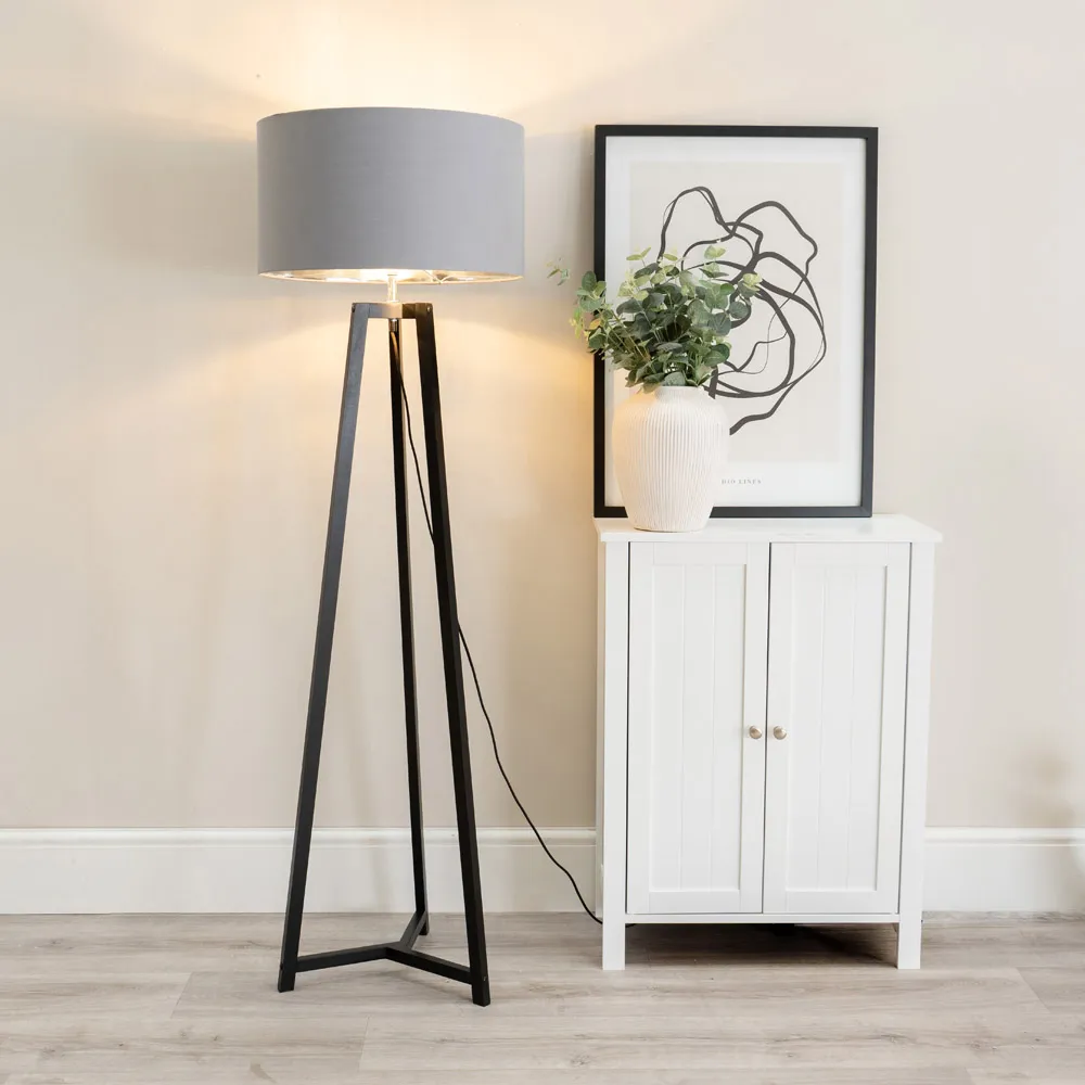 Lottie Tripod Floor Lamp with Grey Chrome Drum Shade - Black, Wood