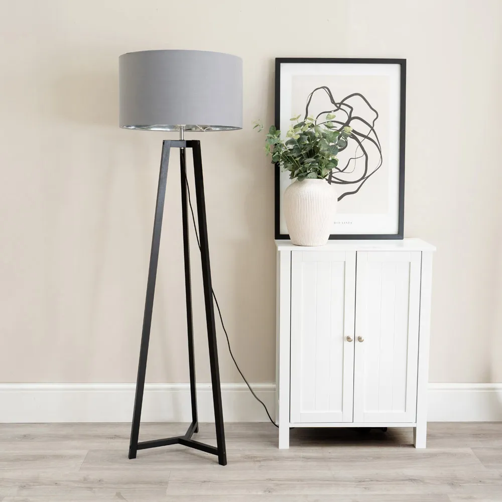 Lottie Tripod Floor Lamp with Grey Chrome Drum Shade - Black, Wood