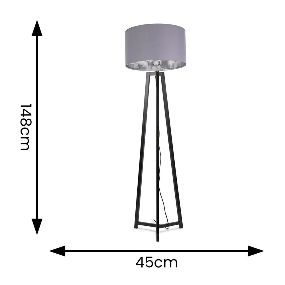 Lottie Tripod Floor Lamp with Grey Chrome Drum Shade - Black, Wood