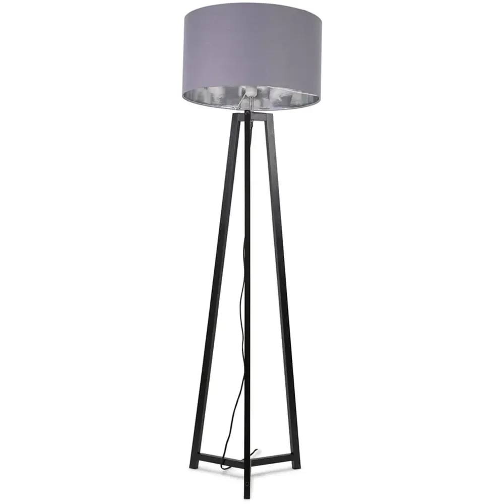 Lottie Tripod Floor Lamp with Grey Chrome Drum Shade - Black, Wood