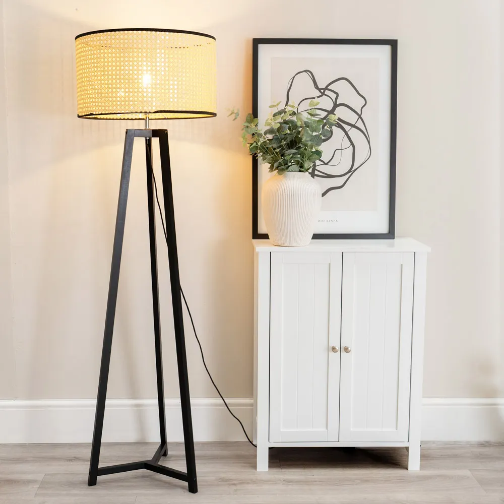 Lottie Tripod Floor Lamp with Natural Cane Drum Shade - Black, Wood