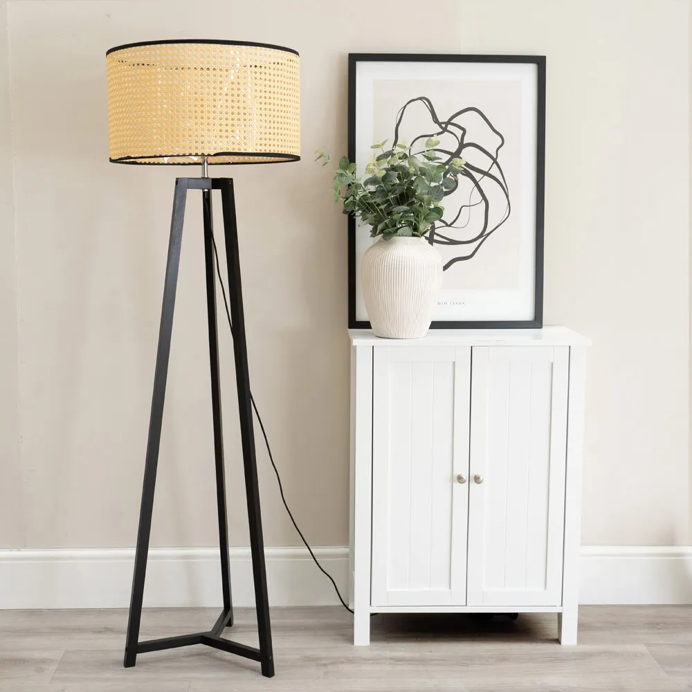 Lottie Tripod Floor Lamp with Natural Cane Drum Shade - Black, Wood