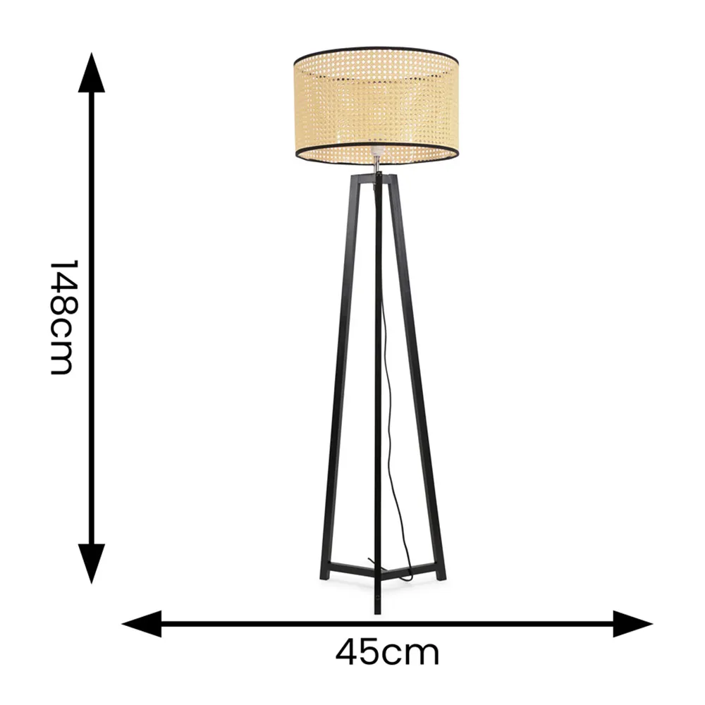Lottie Tripod Floor Lamp with Natural Cane Drum Shade - Black, Wood