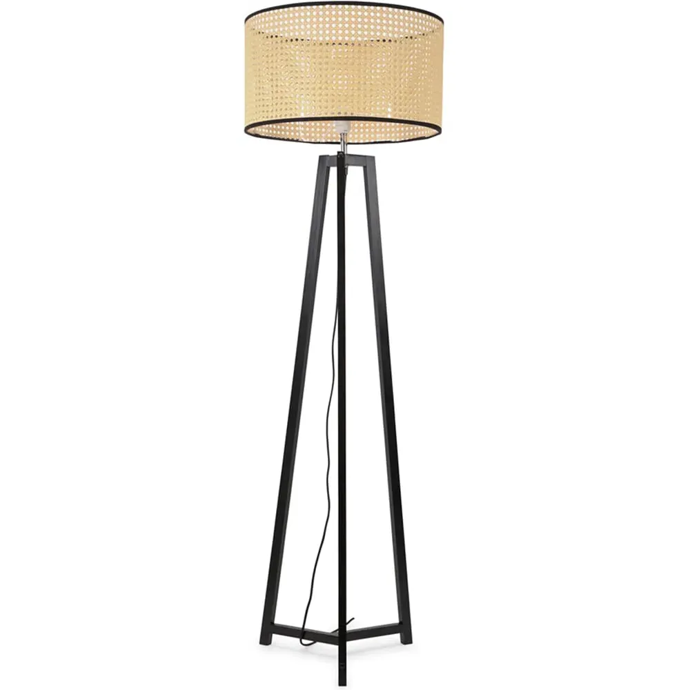 Lottie Tripod Floor Lamp with Natural Cane Drum Shade - Black, Wood