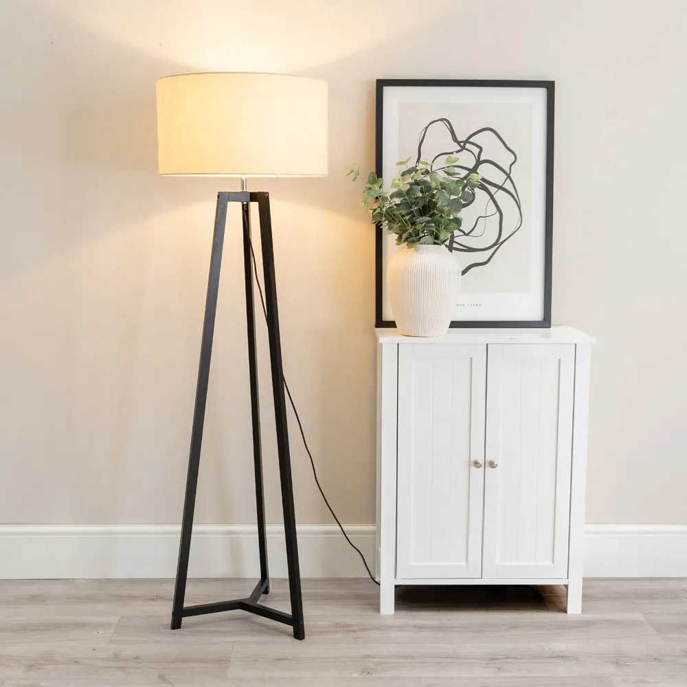 Lottie Tripod Floor Lamp with Natural Fabric Drum Shade - Black, Wood