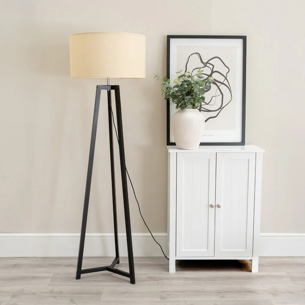 Lottie Tripod Floor Lamp with Natural Fabric Drum Shade - Black, Wood